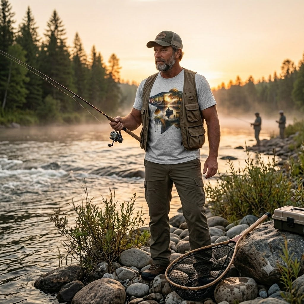 Man fishing by a river with sunset in the background