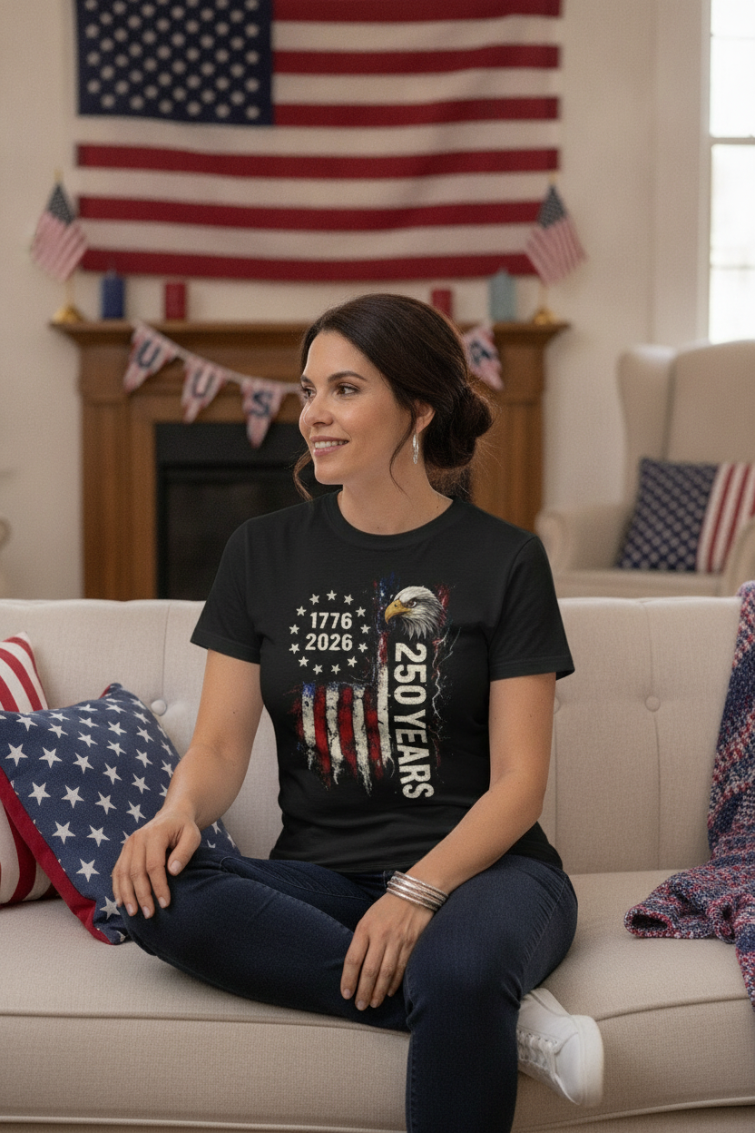 Woman wearing a 1776-2026 patriotic black eagle tee, sitting on a couch with American flag and decorative items in the background.