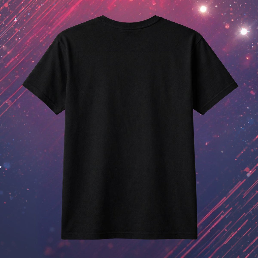 Black t-shirt on an abstract designed background with pink streaks.    