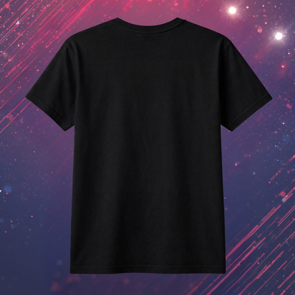 Black t-shirt on an abstract designed background with pink streaks.    