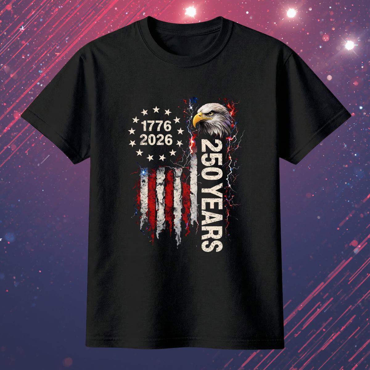 Black t-shirt with 1776-2026 patriotic black eagle tee on a colorful background.