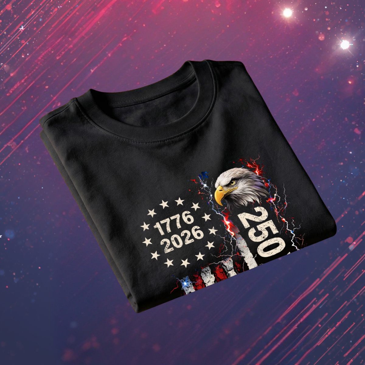 Black t-shirt with 1776-2026 date and patriotic eagle to celebrate 250 years on a colorful abstract background.