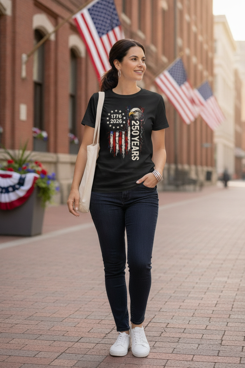 Woman wearing a 1776-2026 patriotic black eagle tee walking down a sidewalk with flags in the background.