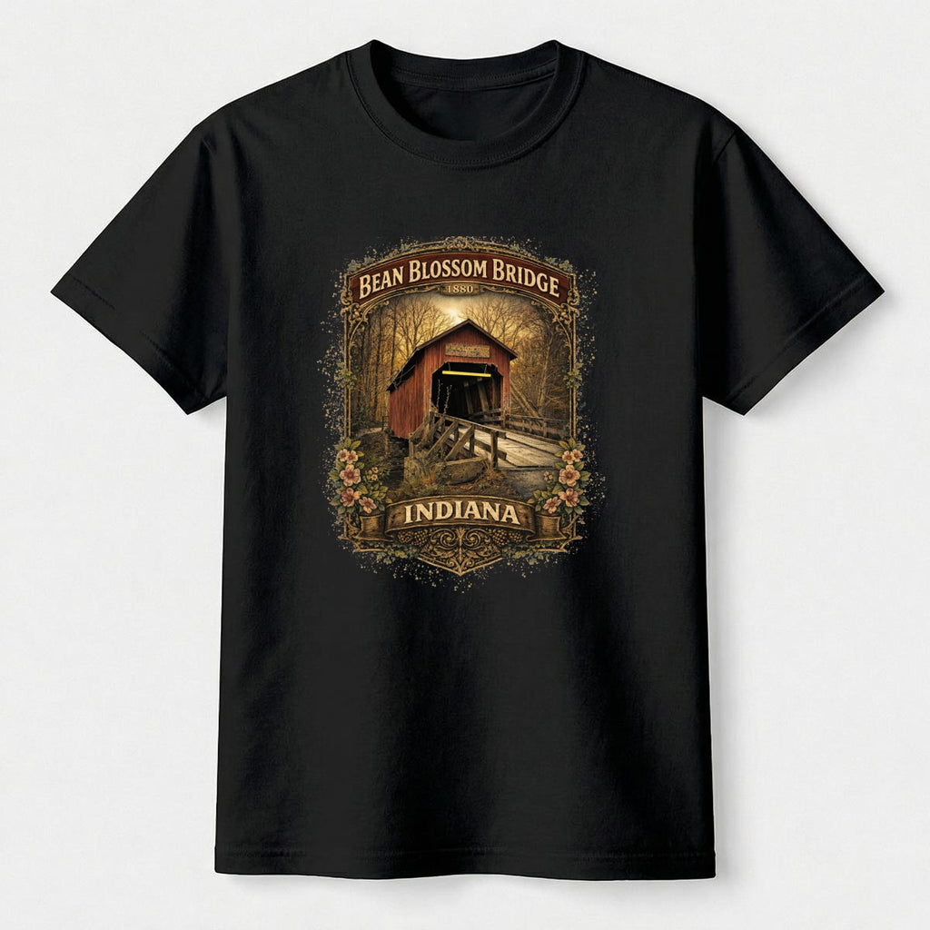 Black t-shirt with graphic design - bean blossom bridge shirt on a white background.