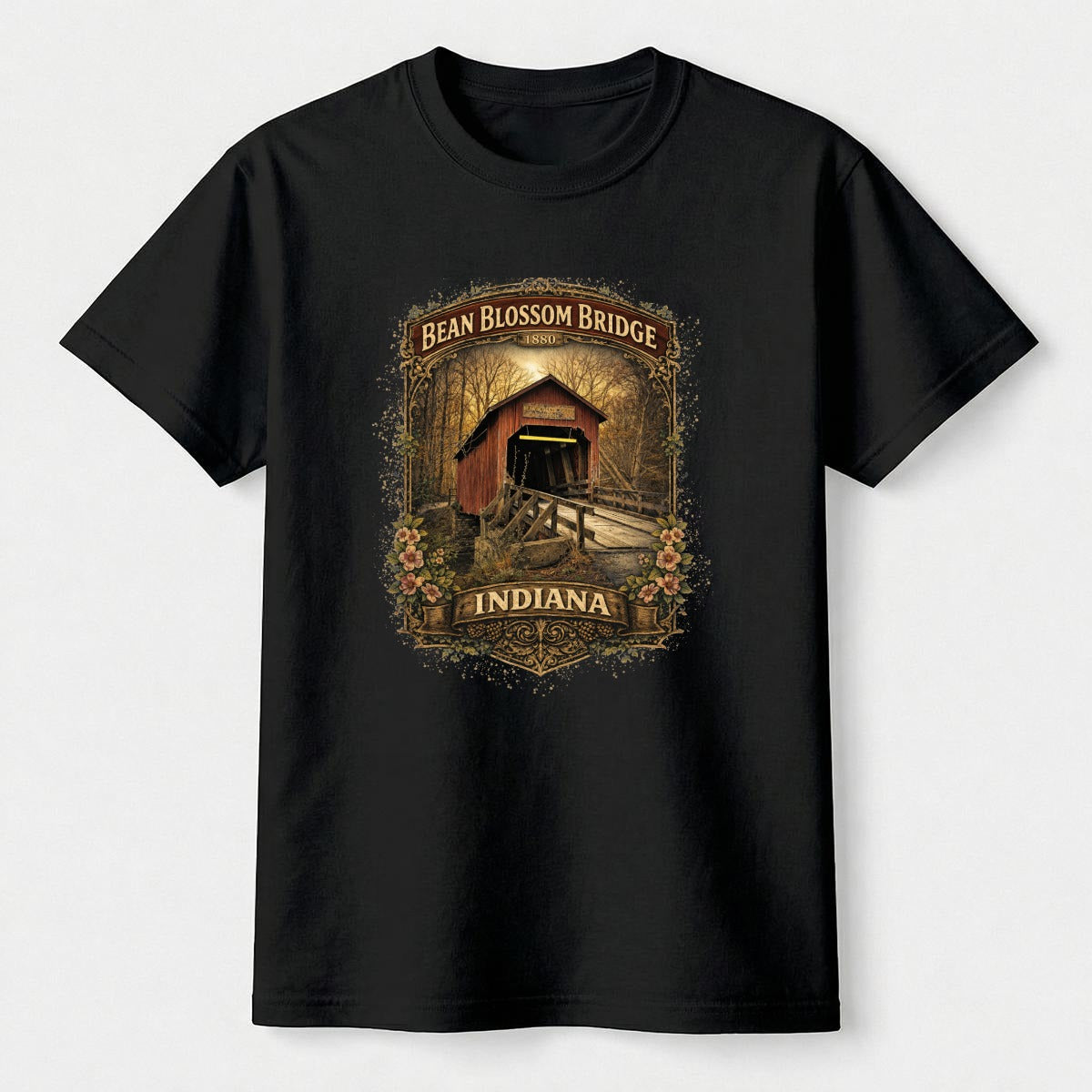 Black t-shirt with graphic design - bean blossom bridge shirt on a white background.