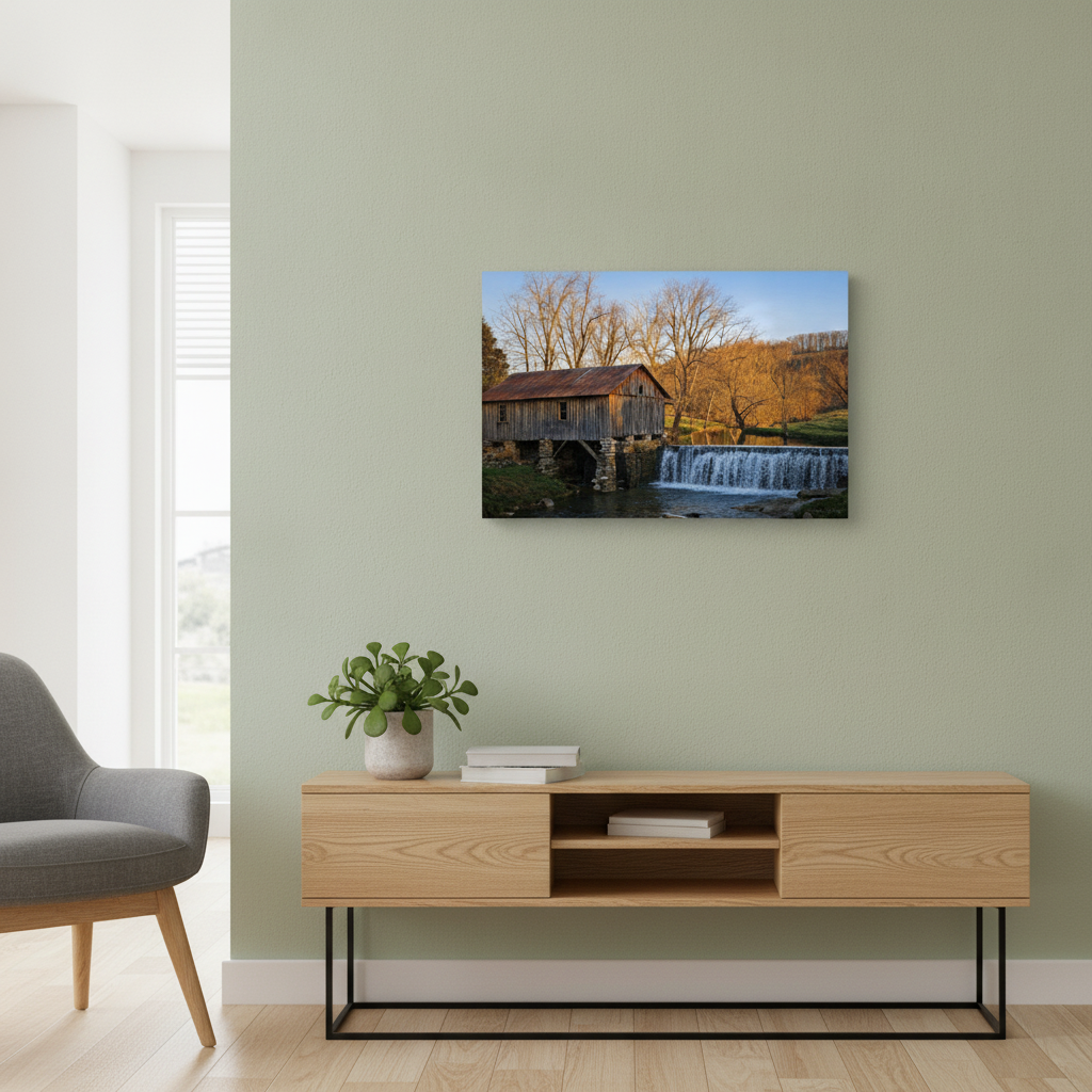 Living room with wooden console table, gray chair, Heritage Gristmill-1890 Historic Canvas Wall Art | Mary's Creations