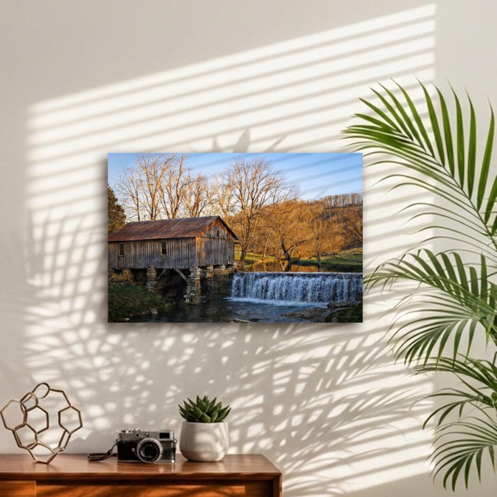 The Heritage Gristmill: 1890 Historic Lee County Canvas Wall Art above a wooden console table | Mary's Creations