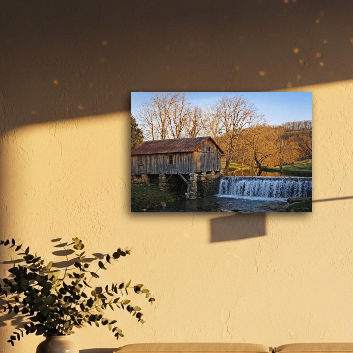 Canvas print of The Heritage Gristmill: 1890 Historic Lee County Canvas Wall Art on a beige wall | Mary's Creations