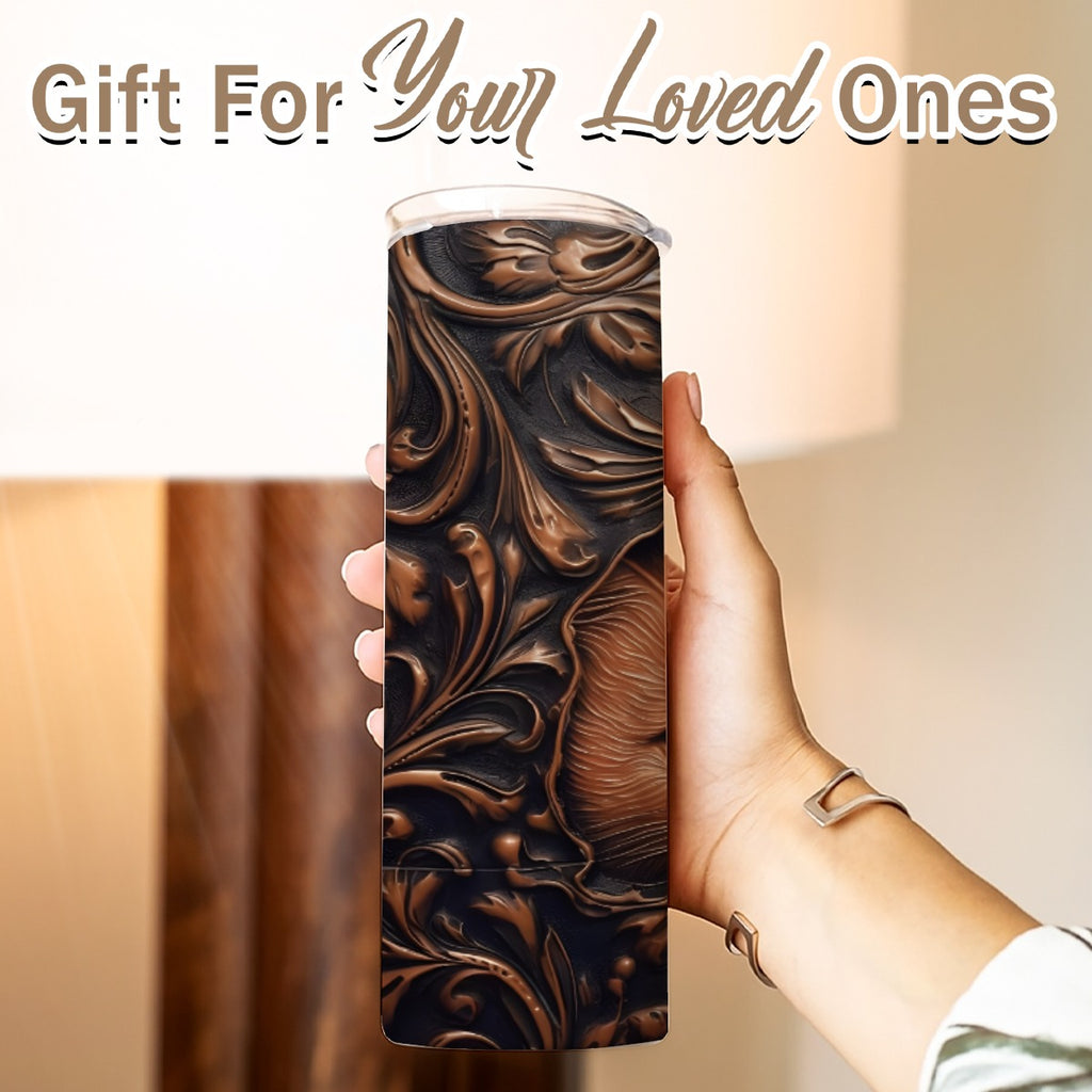 Hand holding a 20 oz straight tumbler with tooled leather cat design
Gift For Your Loved Ones on a blurred background.