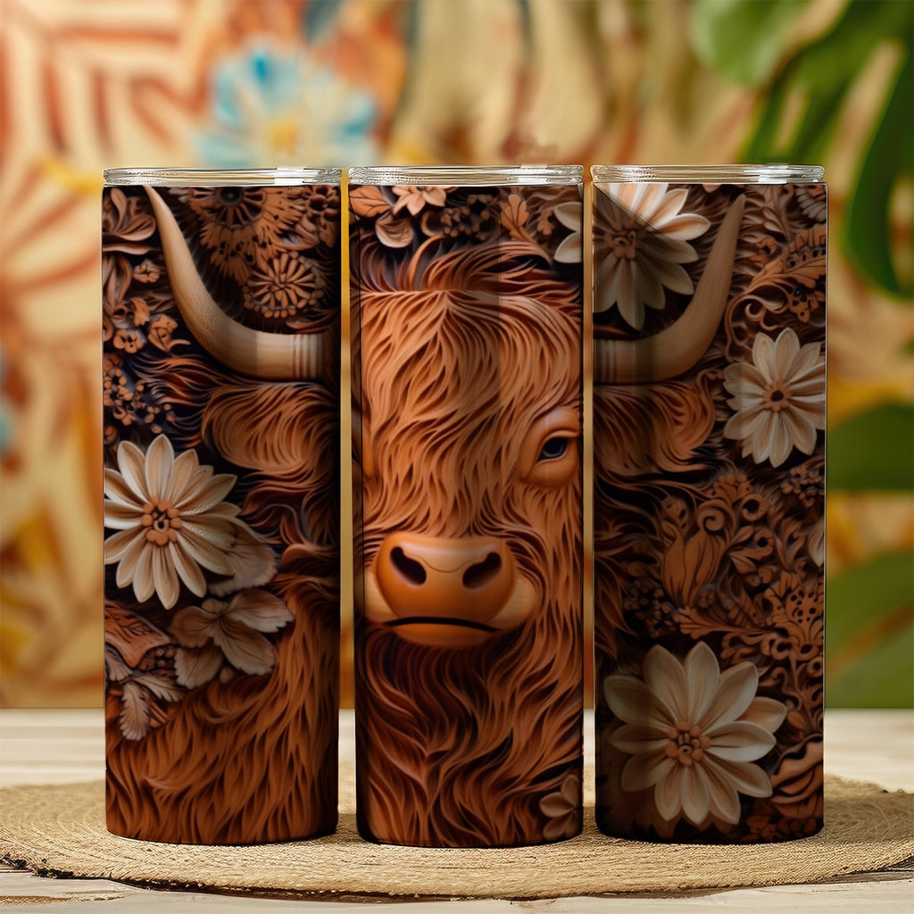 20 oz straight tumbler with 3D tooled leather highlander cow design.