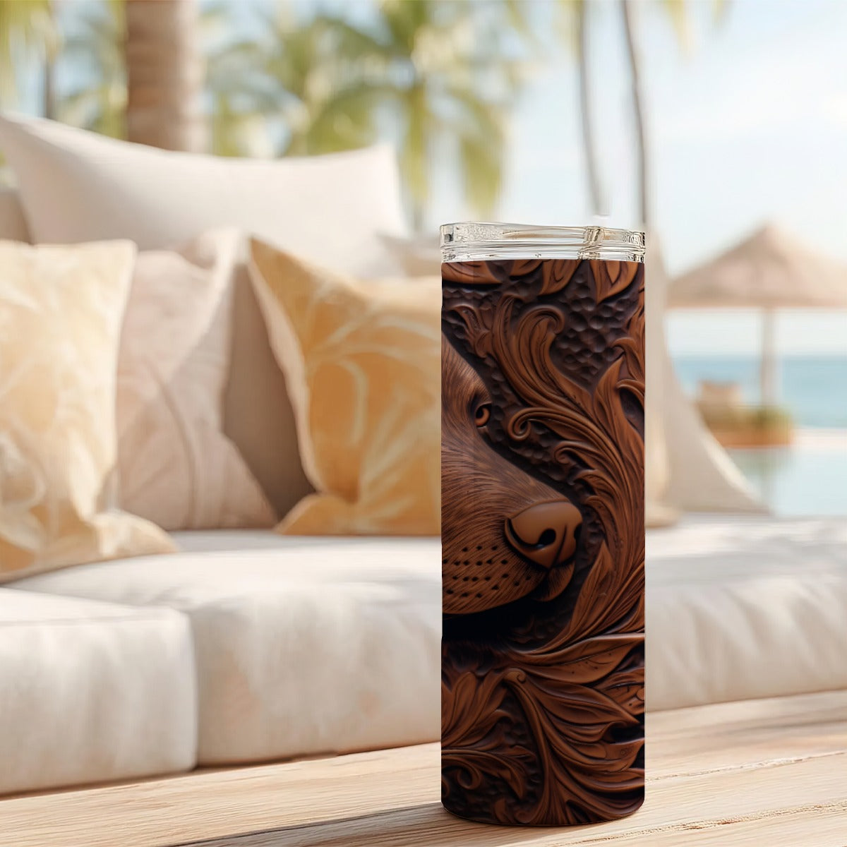 20 oz straight tumbler with 3D tooled leather hunting dog design on a table outdoors.