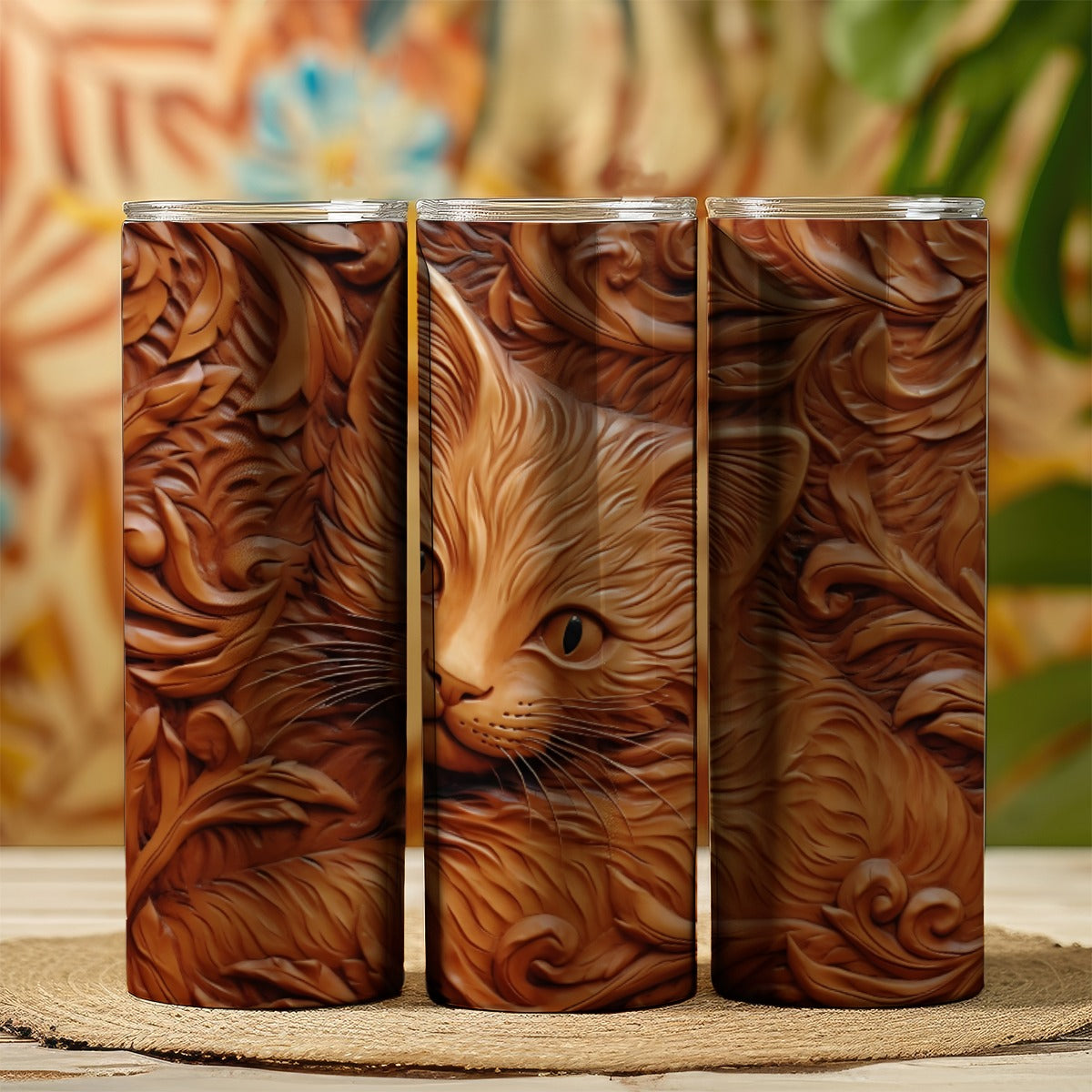20 oz straight tumbler with 3D tooled leather kitten design.