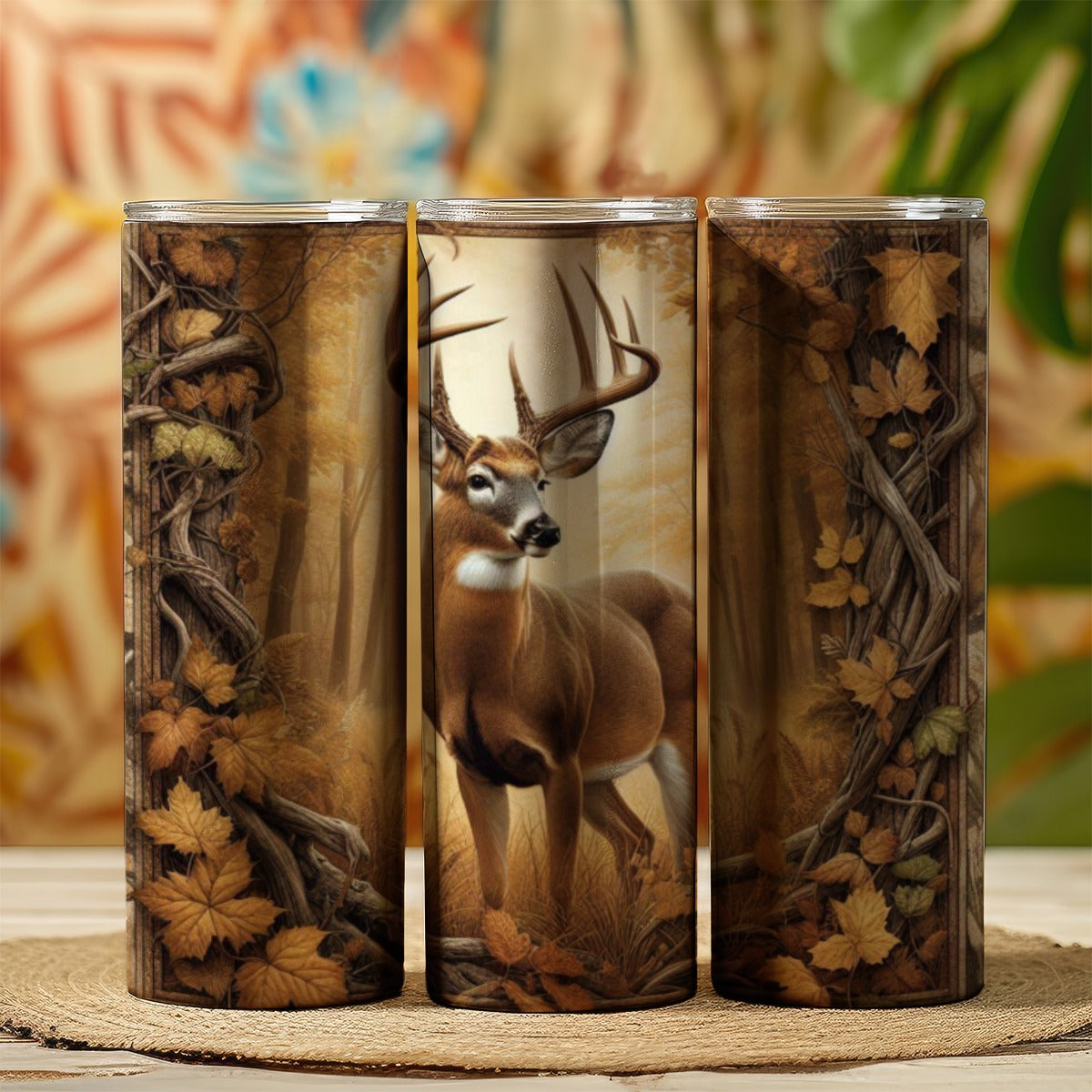 20 oz straight tumbler with 3D tooled leather Whitetail deer design.