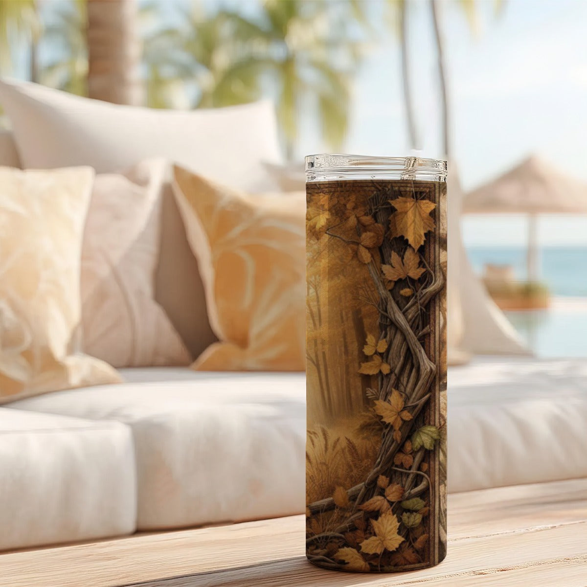 20 oz straight tumbler with 3D tooled leather Whitetail deer design sitting on a table with a blurred background.