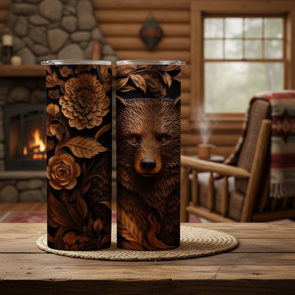 20 oz straight tumbler with 3D tooled leather bear design.