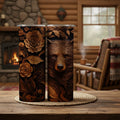 20 oz straight tumbler with 3D tooled leather bear design.