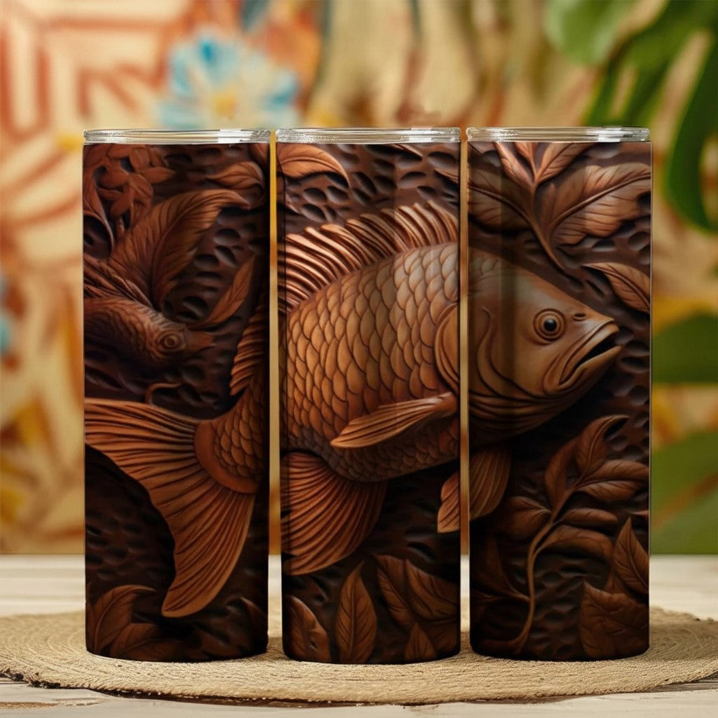 20 oz straight tumbler with 3D tooled leather brown-fish design.
