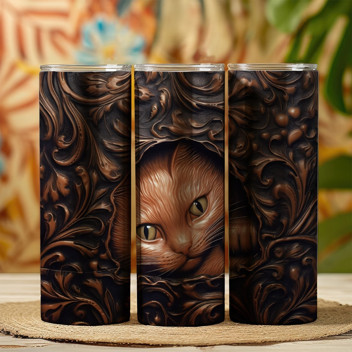 20 oz straight tumbler with 3D tooled leather cat design.