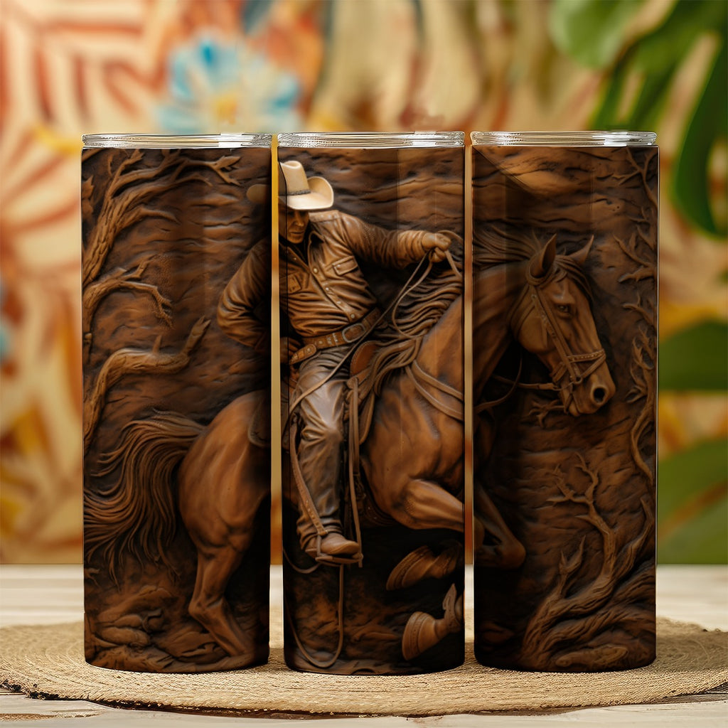 20 oz straight tumbler with 3D tooled leather cowboy design.