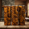 20 oz straight tumbler with 3D tooled leather dark-sunflower design.