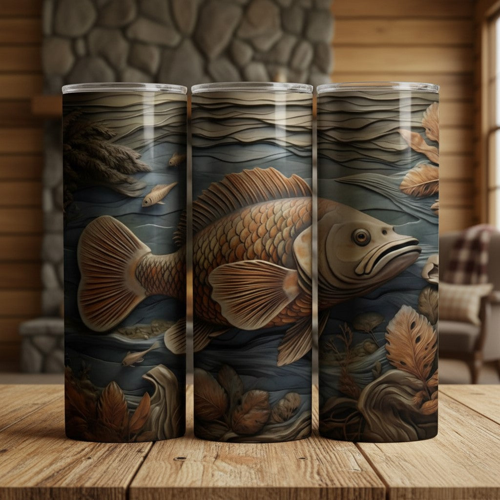 20 oz straight tumbler with 3D tooled leather fish design.