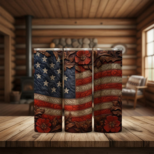 20 oz straight tumbler with 3D tooled leather flag design.