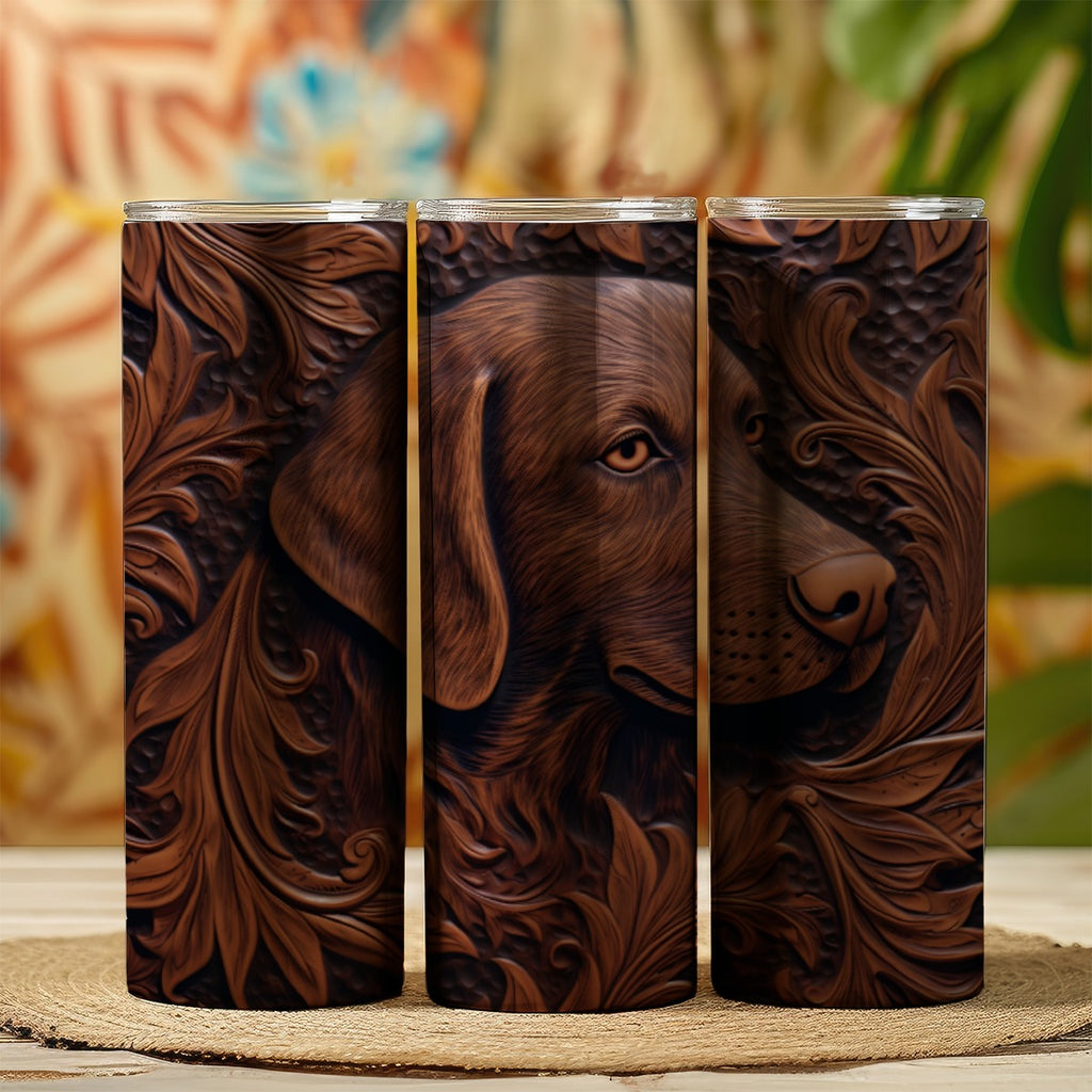 20 oz straight tumbler with 3D tooled leather hunting dog design.