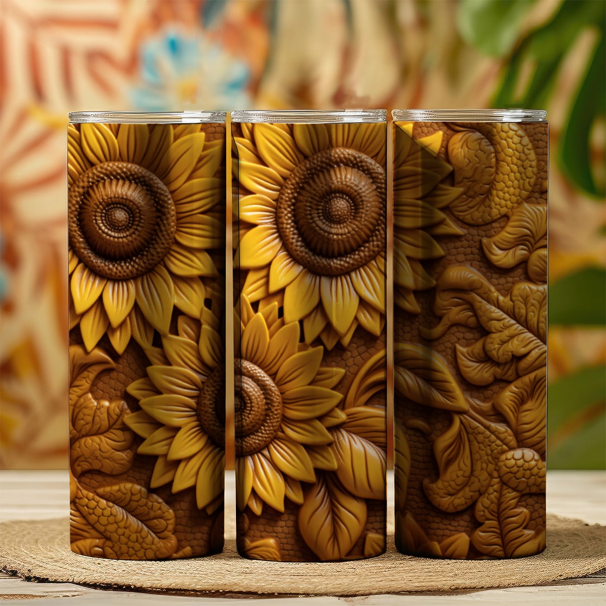 20 oz straight tumbler with 3D tooled leather sunflower design.