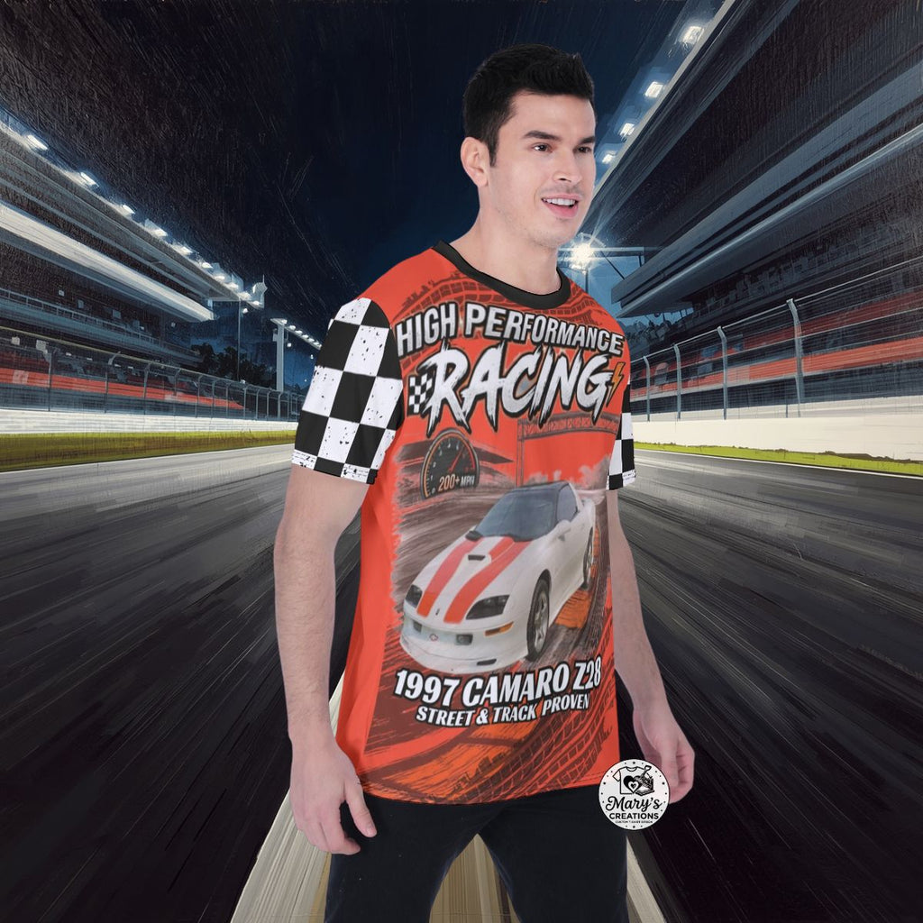 Person wearing a '97 Camaro Z28 High-Performance AOP Racing Tee | Mary's Creations