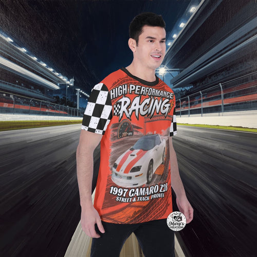 Person wearing a '97 Camaro Z28 High-Performance AOP Racing Tee | Mary's Creations