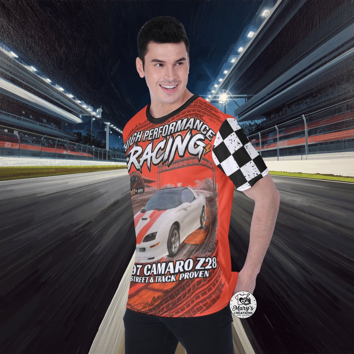 Person wearing a '97 Camaro Z28 High-Performance AOP Racing Tee - orange | Mary's Creations