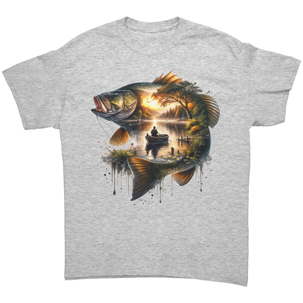 Gray t-shirt with a large fish graphic and sunset over water design.