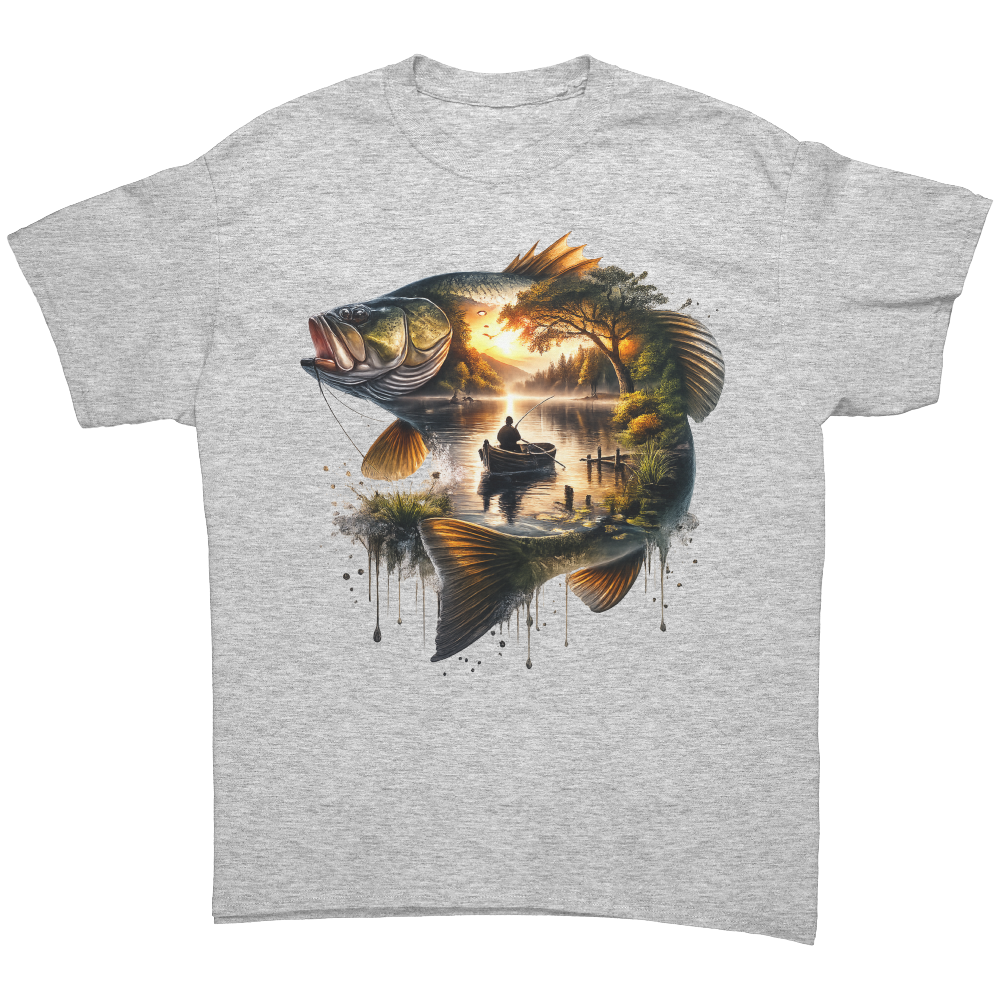 Gray t-shirt with a large fish graphic and sunset over water design.