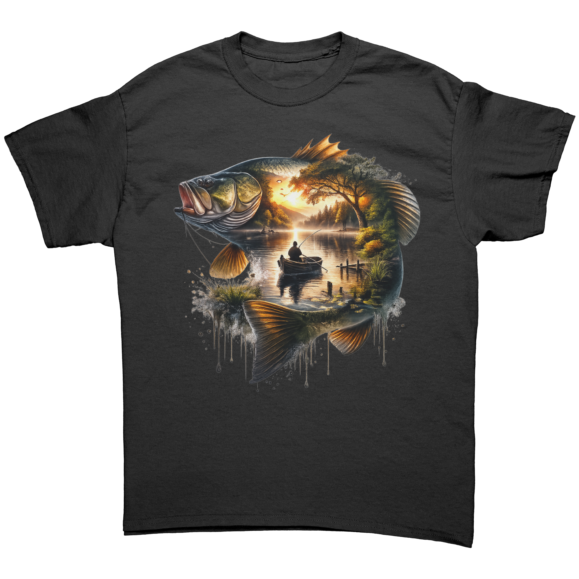 Black t-shirt with a large fish graphic and sunset over water scene.