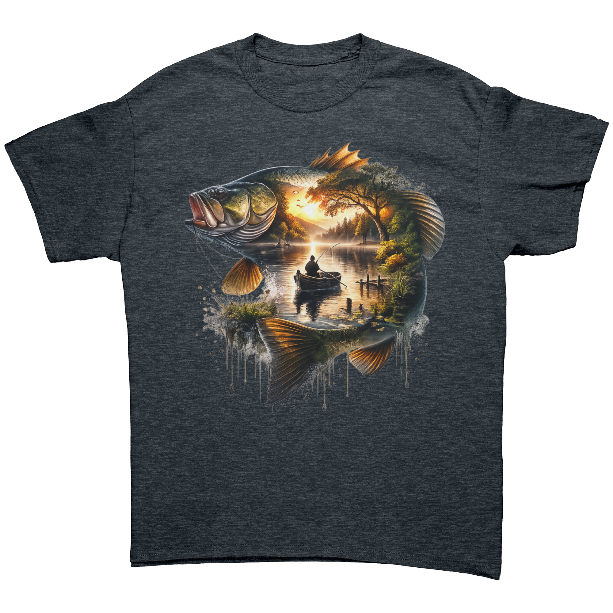 Dark gray t-shirt with a fish graphic design featuring a sunset over a lake and a boat.