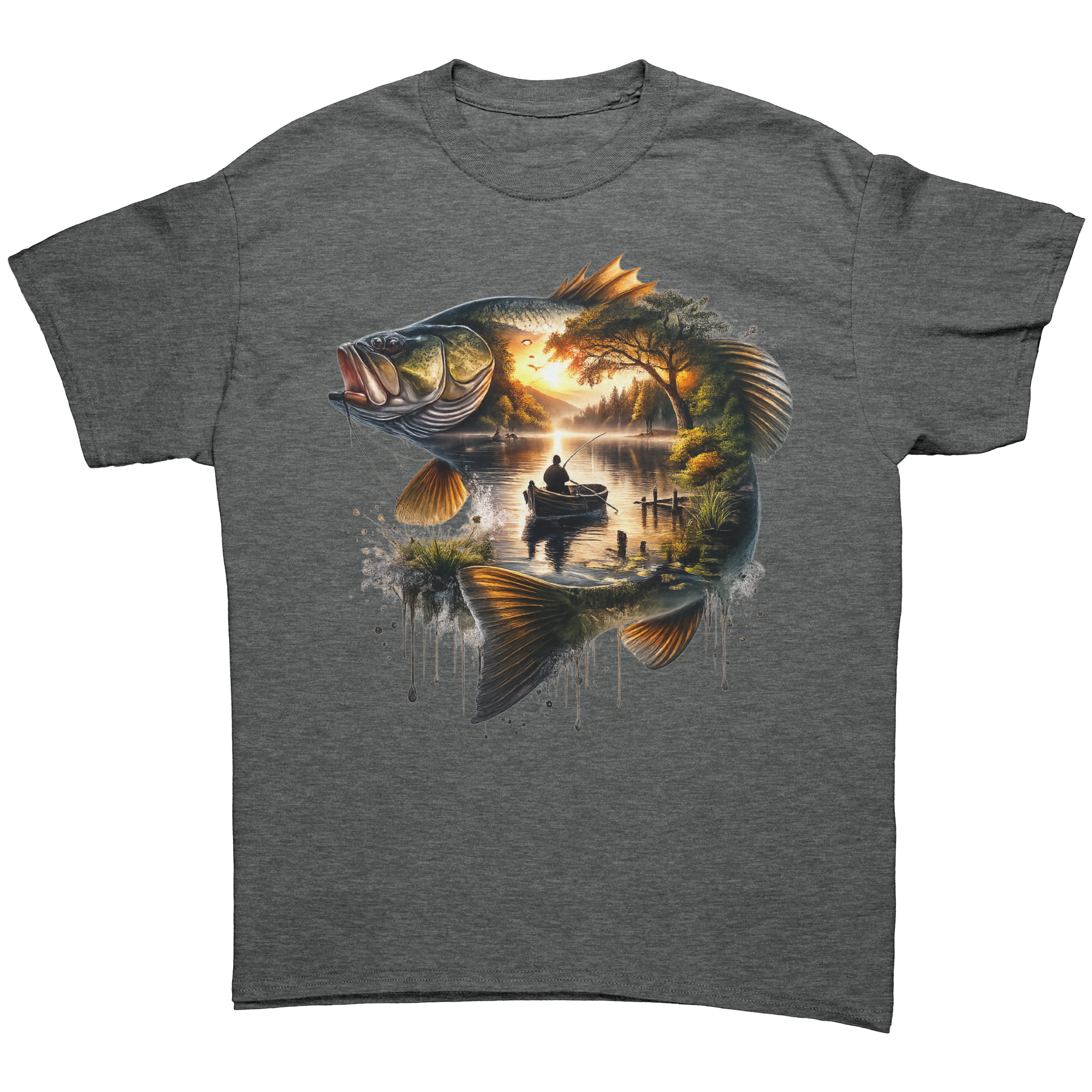 Gray t-shirt with a large fish graphic and a sunset over water scene on a white background