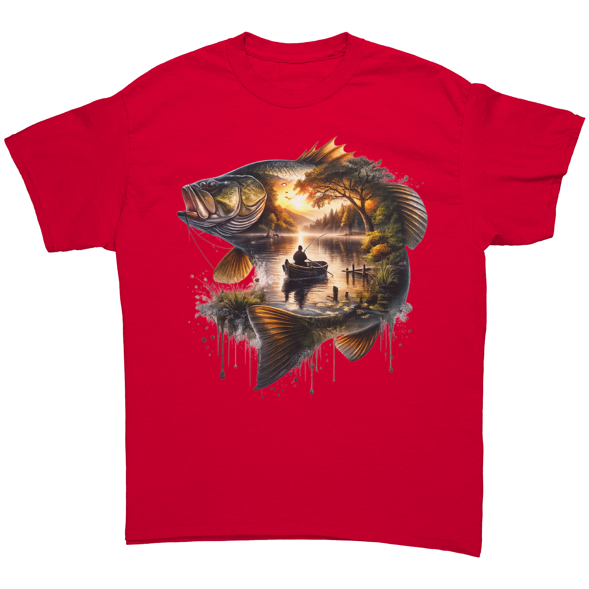 Red t-shirt with a large fish graphic on a white background