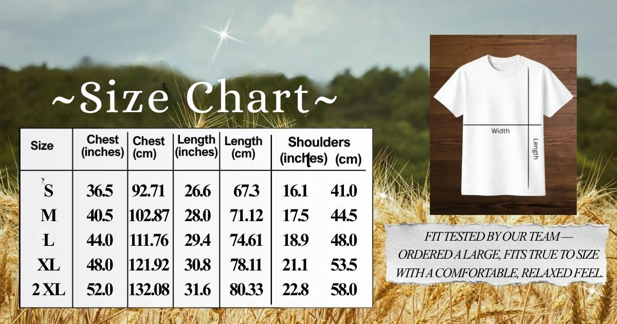 Size chart measuring chest-length-shoulders, sizes S-2XL.