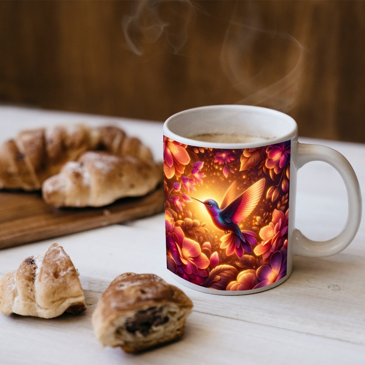 Mug with a hummingbird in Enchanted Garden Ceramic Coffee Mug on a table with pastries.