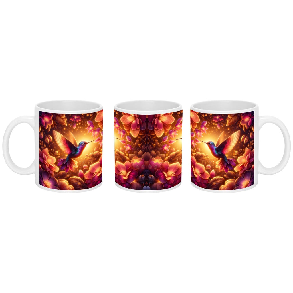 Three identical mugs with a colorful hummingbird design on a white background. Showing different views.