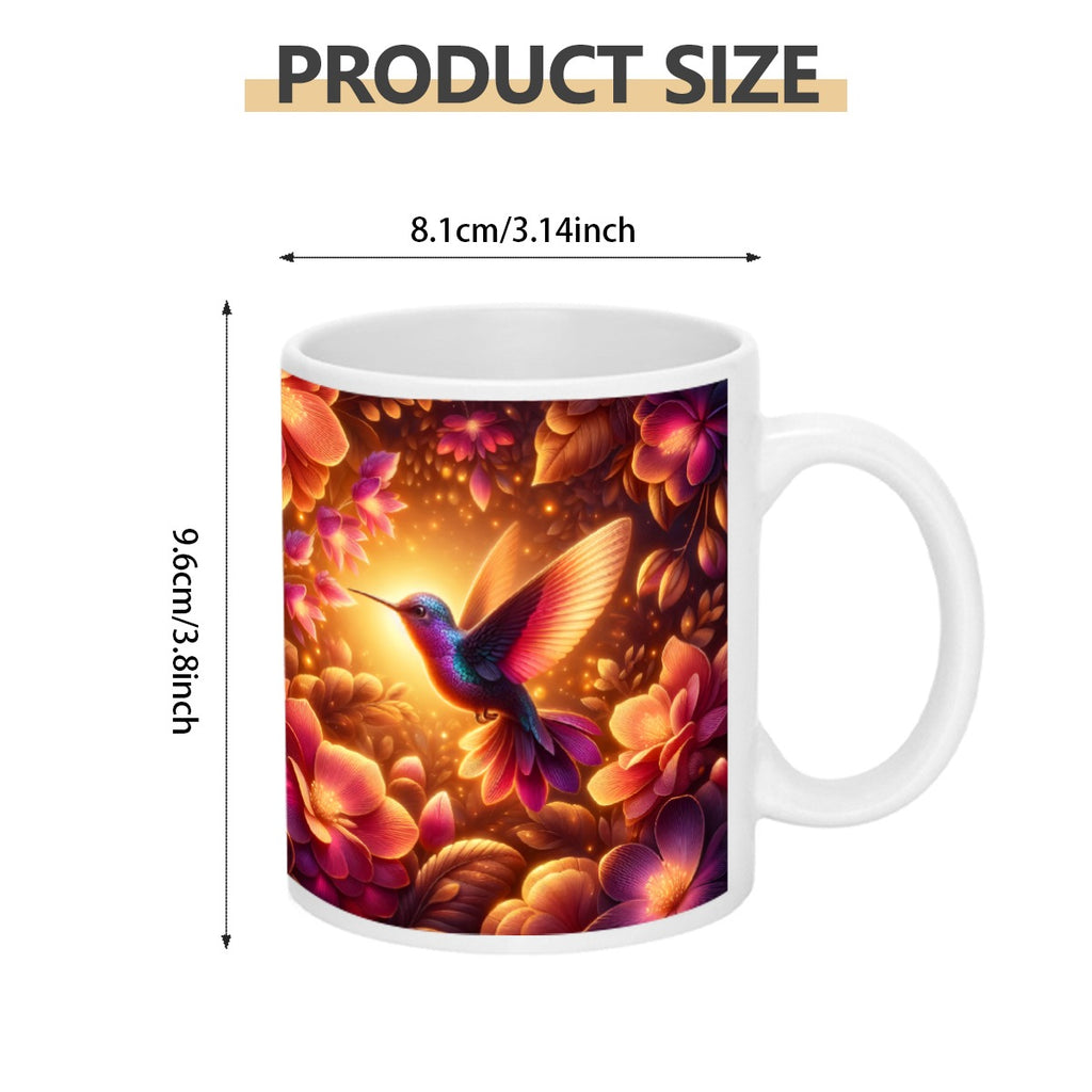 Mug with a Hummingbird in an Enchanted Garden Ceramic Coffee Mug with measurements.