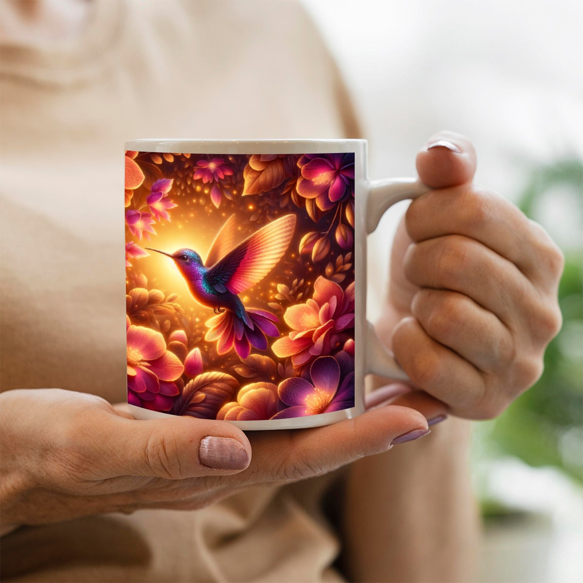 Person holding a mug with a Hummingbird in Enchanted Garden Ceramic Coffee Mug.