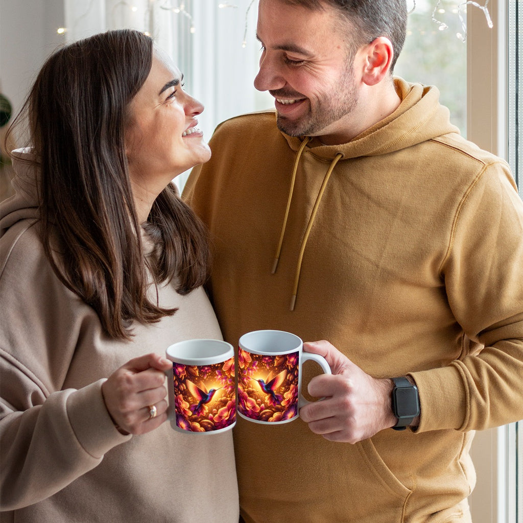Man and woman holding mugs Hummingbird in Enchanted Garden Ceramic Coffee Mug.