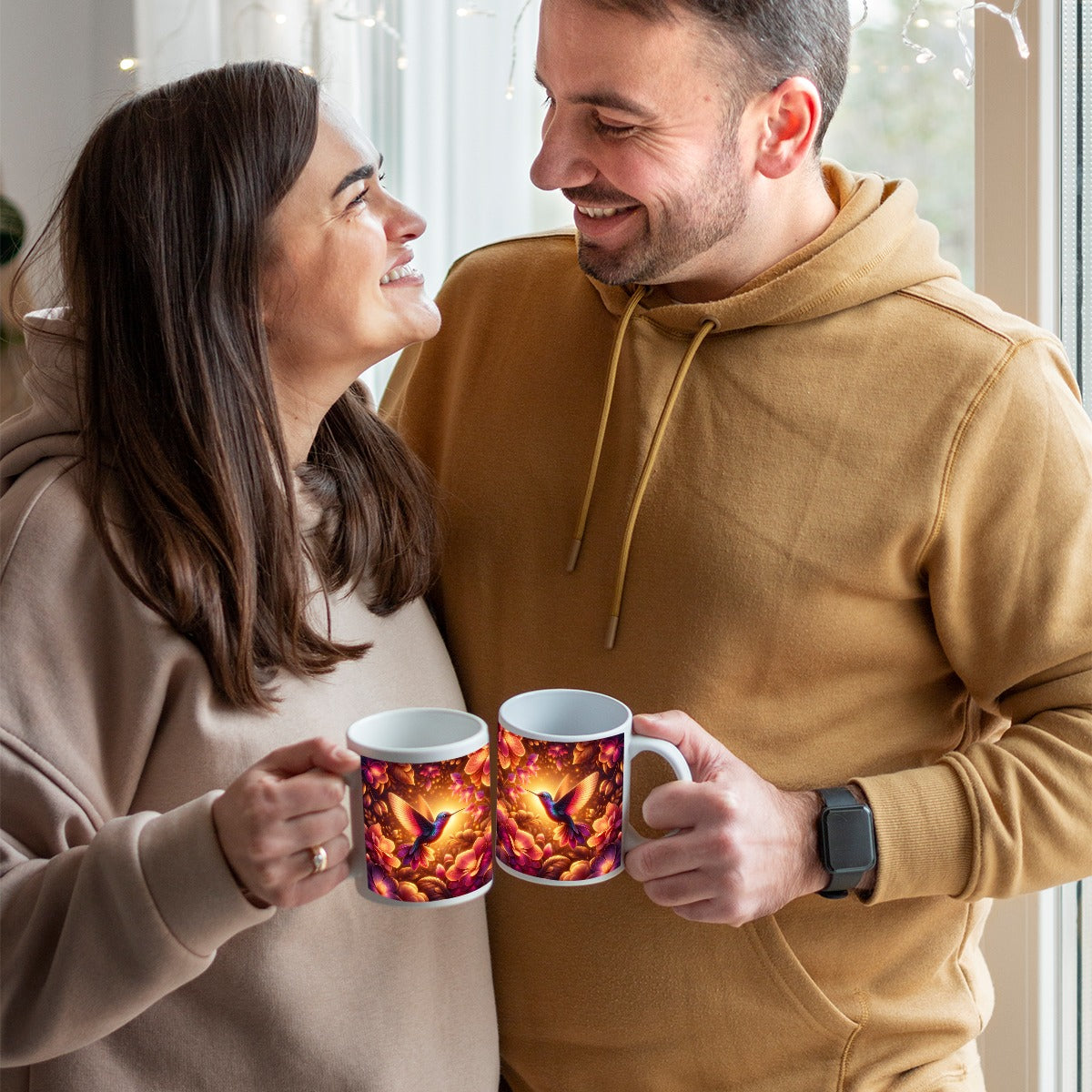 Man and woman holding mugs Hummingbird in Enchanted Garden Ceramic Coffee Mug.