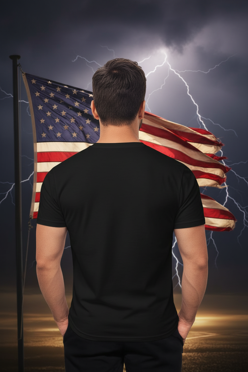 Man standing in a desert with an American flag, under a dramatic sky with lightning.