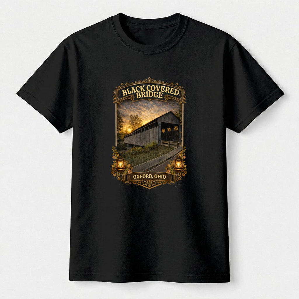 Black t-shirt with graphic design of Black Covered Bridge on a white background.