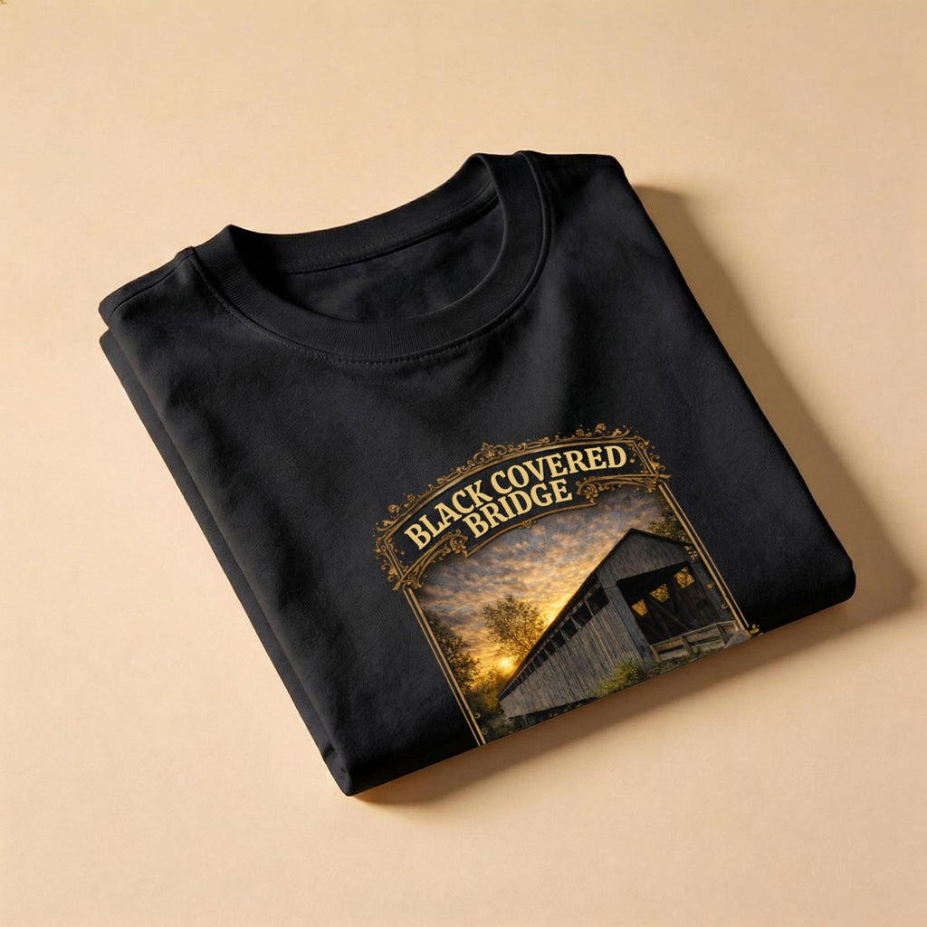 Folded Black t-shirt with graphic design - Country Roads-Take Me Home Shirt on a beige background.