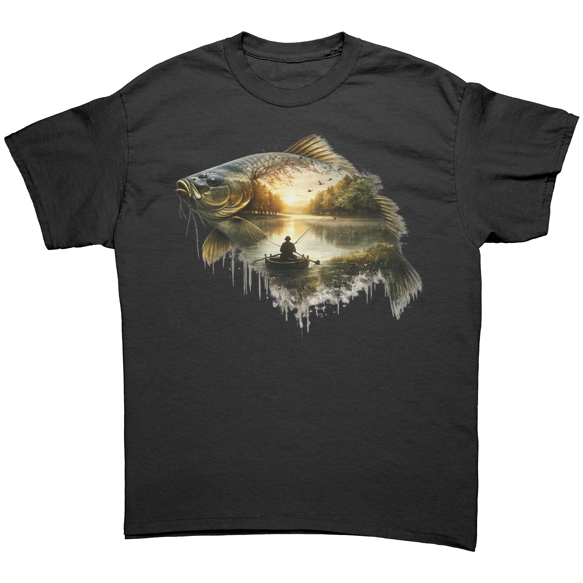 Black t-shirt with a fish design featuring a sunset and a boat.