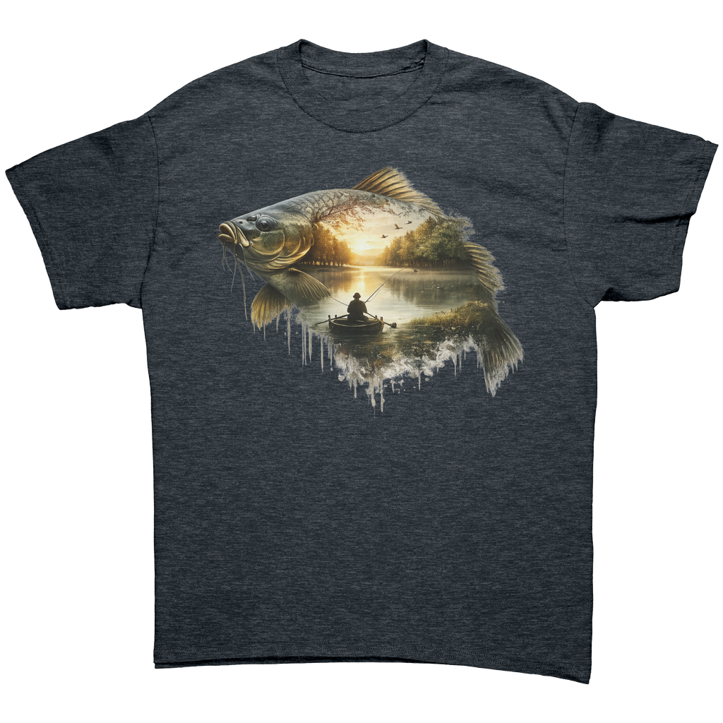 Dark grey t-shirt with a fish design featuring a sunset and a boat.