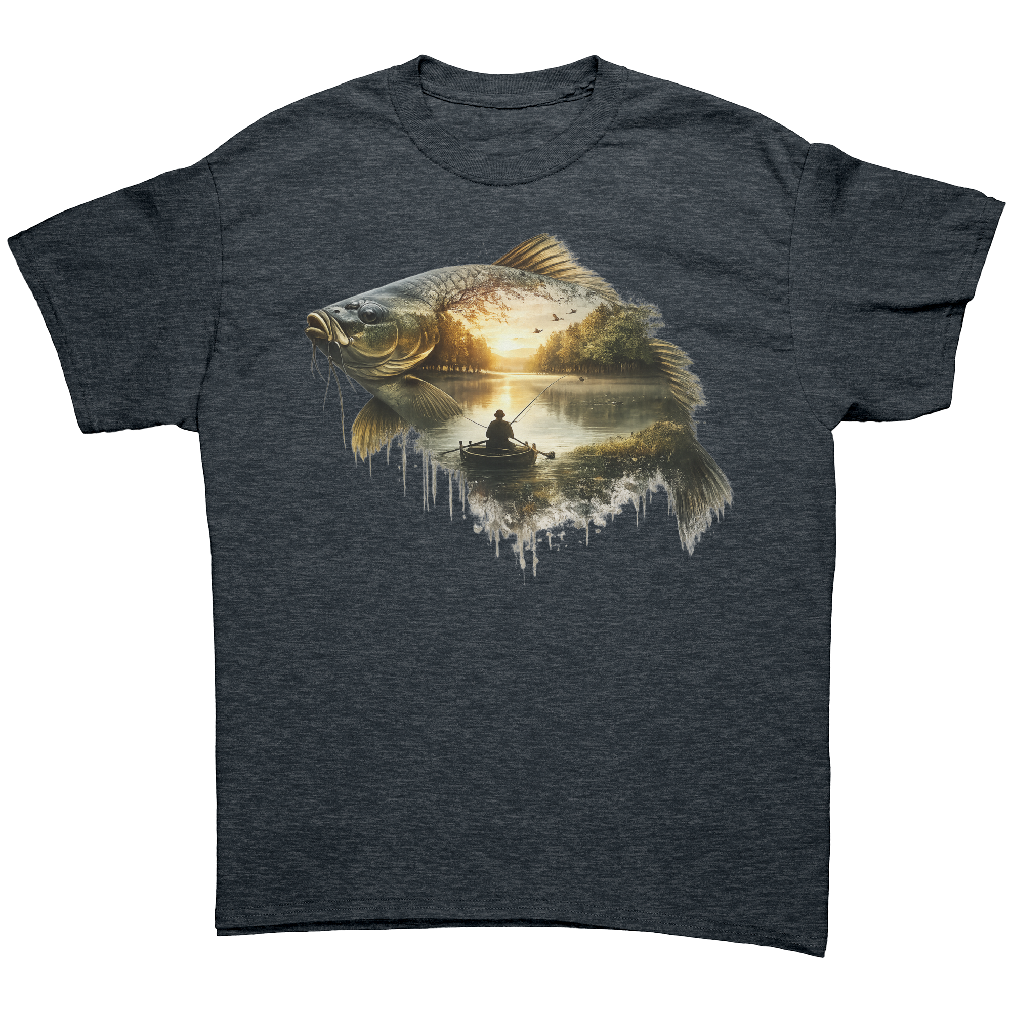 Dark grey t-shirt with a fish design featuring a sunset and a boat.